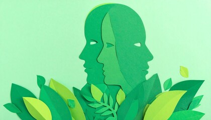 Green paper cut profiles of faces surrounded by lush foliage create a tranquil and vibrant image.