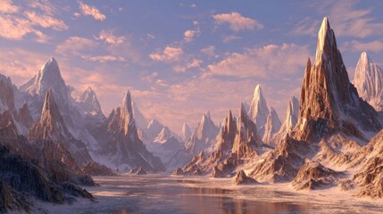 Obraz premium Snowy mountain peaks, a serene valley, sunset over a frozen lake