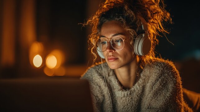 Engaging in e-learning at home during the evening hours with focus and determination