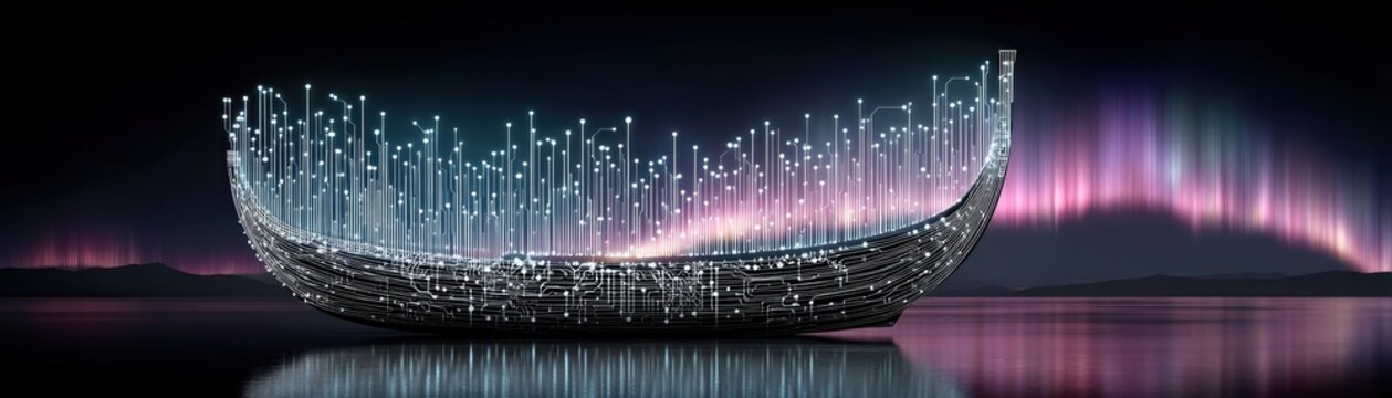 A vibrant AI-generated boat of a holographic aurora arching over a glowing Viking ship, showcasing a blend of nature and historical elements, Leif Erikson Day with AI