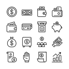 Finance and Banking Line Icons Set – Dollar, ATM, Coins, Credit Card, Wallet, Money Bag