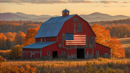American barn with flag in autumn landscape during sunset with mountains in background