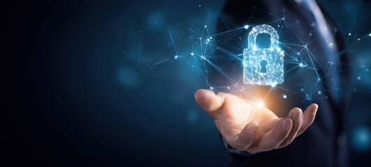 The Digital Padlock Hologram Floating Above a Business Hand Symbolizing Cybersecurity Protection