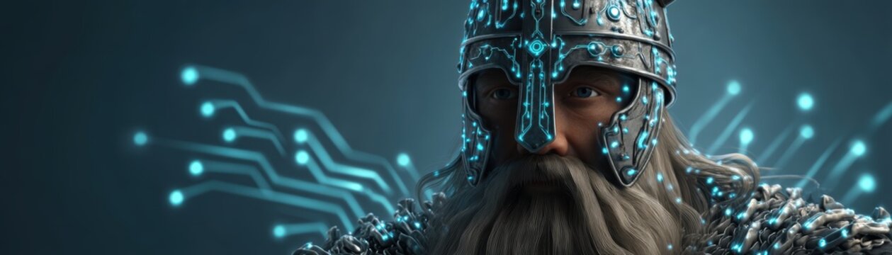 A reimagined depiction of Leif Erikson in holographic Viking armor, blending historical and futuristic themes in a visually striking image, Leif Erikson Day with AI