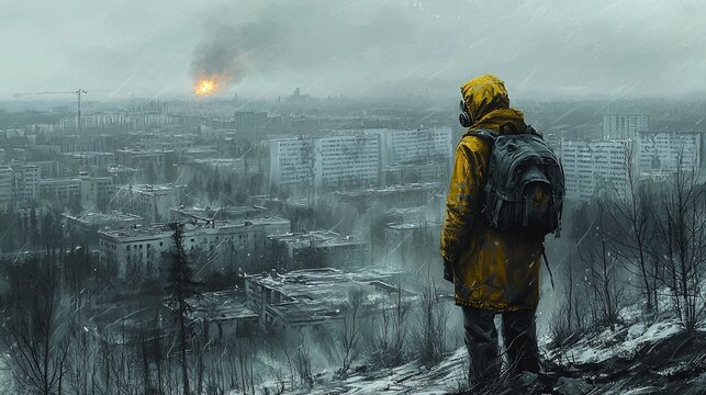 Post-apocalyptic cityscape, solitary figure in protective gear