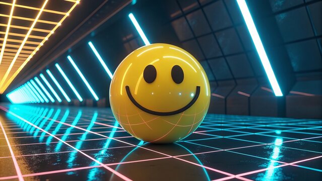 Yellow smiley face in futuristic neon grid tunnel emoji - Powered by Adobe