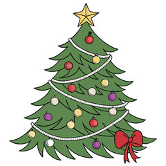 A green Christmas tree decorated with a gold star red baubles white garland and a red bow holiday decoration