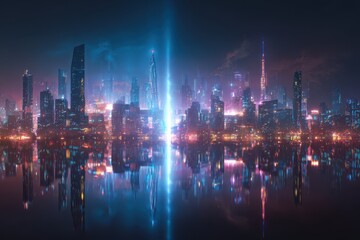 Futuristic cityscape, skyline reflection, bright light beam, for technology background