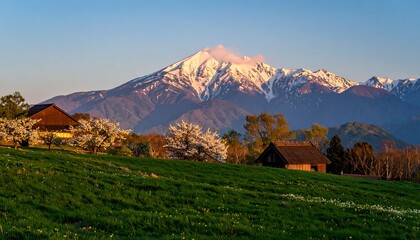 A tranquil rural landscape showcases traditional farmhouses nestled in a valley below a snow-capped mountain range during a peaceful dawn or dusk.