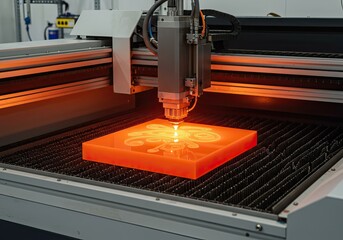 Laser cutting machine precisely etching intricate design on vibrant orange acrylic for modern manufacturing