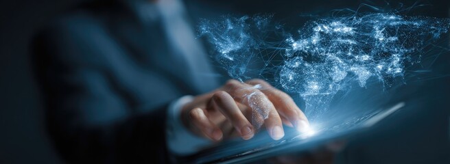 Close-up of a person's hands interacting with a tablet displaying a digital representation of the world map.  A  business suit and dark background are visible