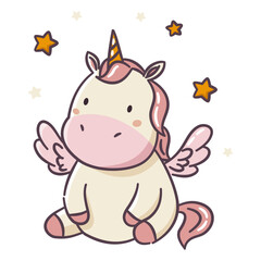 A cute unicorn with wings sitting among stars, flat vector illustration in a cute kawaii style on a white background. Vector illustration