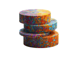 Stacked circular data chips with vibrant binary code patterns digital technology, Isolated, Png Transparent Background