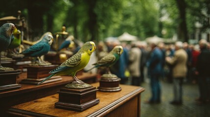 Bird trophies on a market stall