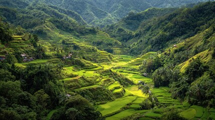 Lush green rice terraces in mountain valley, Asia.  Travel postcard