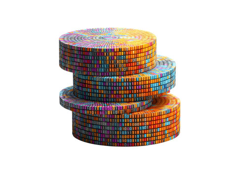 Stacked circular data chips with vibrant binary code patterns digital technology, Isolated, Png Transparent Background - Powered by Adobe