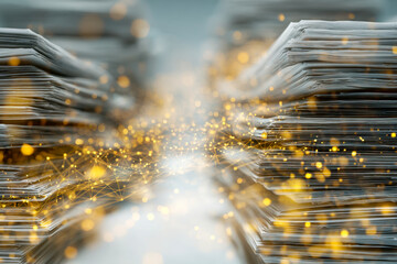 Abstract view of overflowing paperwork with digital network effects and glowing particles, symbolizing information overload and data connectivity in a modern workspace