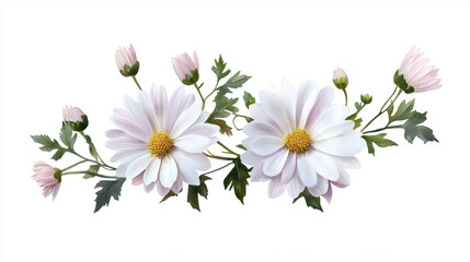 Beautiful watercolor illustration of delicate white flowers with soft pink buds and green leaves, evoking sense of tranquility