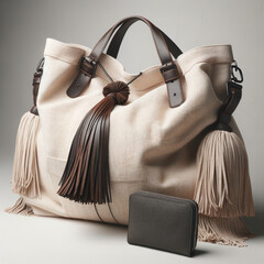 Elegant Canvas Tote Bag with Leather Accents and Stylish Tassels for Fashion Enthusiasts