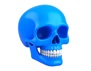 Fototapeta premium A vibrant blue human skull with bright white teeth is depicted in a striking three-quarter view, showcasing its glossy .