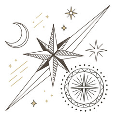 Celestial graphic illustration with crescent moon starbursts and compass rose vector