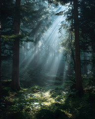 Obraz premium Ethereal Sunlight Filtering Through Dense Forest Trees