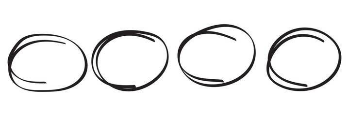 Red circle line hand drawn set. Highlight mark hand drawing circle isolated on white background. Handwritten red oval circle. For marking text, note, mark icon, vector. Vector illustration