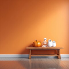 Halloween toys collection: ghost pillow, sugar skull, green skeleton figurine with pumpkin and cream jar, cozy surreal style