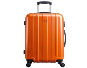 3D Rendered Orange Rolling Luggage, Telescoping Handle Extended, Isolated on Transparent Background