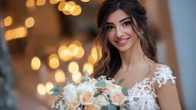 Smiling bride holding bouquet, suitable for marriage promotion or lifestyle blog