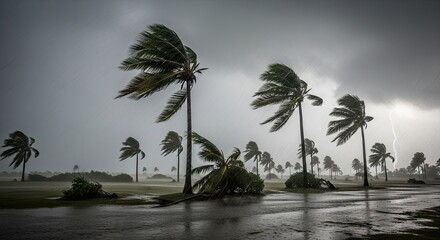 Fototapeta premium Hurricane Weather with Lightning Striking Palm Trees