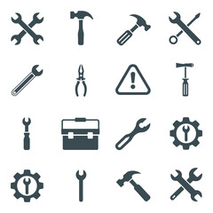 Obraz premium Collection of Silhouette Tools Representing Repair Maintenance and Construction Including Wrenches Hammers Pliers and Gears