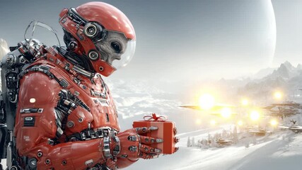 A futuristic alien in a red spacesuit examines a mysterious gift on a snowy planet. In the background are snowy mountains and alien ships. Science fiction and technology. Christmas and space theme. - Powered by Adobe