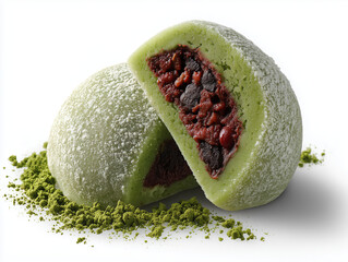 Matcha green tea mochi, earthy green chewy surface, rice flour powder splash, cut in half showing red bean filling, isolated on white background, ultra detailed