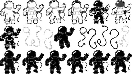 Obraz premium Illustrations of astronauts in varying styles and outlines with rope like objects on a white background | editable eps vectors silhouette