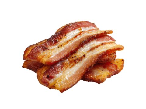 Crispy cooked bacon strips with fat and lean meat pork, Isolated, Png Transparent Background