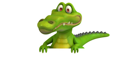 A cheerful cartoon alligator with bright green skin and a playful expression peers over a ledge, creating a whimsical and engaging image.