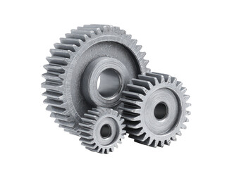 Three interlocking gears, light gray, showing intricate gear teeth