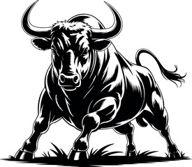 Powerful Bull Vector Illustration in Black and White showcasing Strength and Determination on White Background representing Finance and Stock Market Success