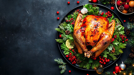 Roasted turkey on a platter with christmas decorations and dark background for holiday celebration