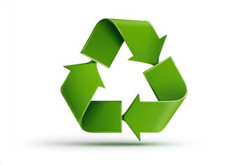Obraz premium A vibrant, three-arrowed green recycling symbol rendered in a glossy, 3D style against a stark white backdrop, casting a subtle shadow