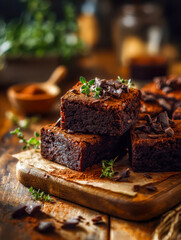 Decadent homemade chocolate brownies garnished with fresh herbs on a rustic wooden board