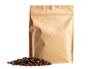 Blank Brown Paper Bag Standing Upright Next to Dark Roasted Coffee Beans, Isolated on Transparent Background, Ideal for Packaging or Food Concepts