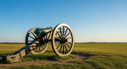 Civil War Era Cannon on Grassy Field under Blue Sky | Historical Military Weapon for Educational and Memorial Projects