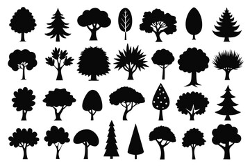 Obraz premium Diverse Collection of Tree Silhouettes Deciduous, Evergreen, and Ornamental Trees in Black Format