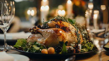 A roasted turkey garnished with herbs on a table set with wine glasses and candles for a celebration