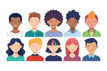 Diverse Group of Cartoon People Flat Design Avatars Representing Various Ethnicities and Hair Styles