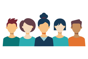 Fototapeta premium Diverse Group of Five People Illustration Featuring Flat Design and Varied Hairstyles and Outfits