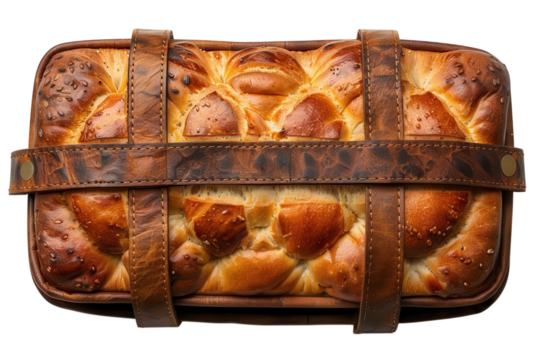 Delicious challah bread loaf secured with rustic leather straps for a unique presentation on transparent background