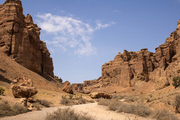 Fototapeta premium Majestic canyon landscape with towering red rock formations and a desert valley under a clear blue sky.